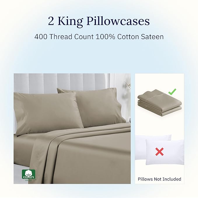 California Design Den King Size Pillowcase Set - 400 Thread Count, 100% Cotton Sateen, Set of 2 Pillow Covers, Soft and Breathable - Taupe