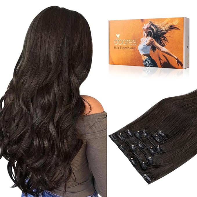 DOORES Human Hair Extensions Clip in Dark Brown 100g 7pcs 14 Inch Clip in Hair Extensions Remy Natural Human Hair Straight