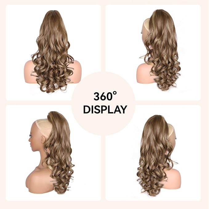 24 Inch Ponytail Extension, Layered Ponytail Extensions for Women, Soft Wavy Claw Clip in Ponytail Extension, Natural Synthetic Hair Pieces for Women (Color: Light Brown With Dark Blonde Highlights)
