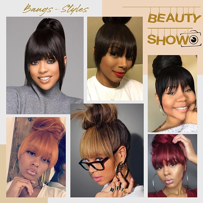 Yaki Straight Bangs Hair Extensions for Women Brown Black Synthetic Fringe with Temples Handmade Kinky Straight Bangs Hairpiece with 3 Clips in(2#)