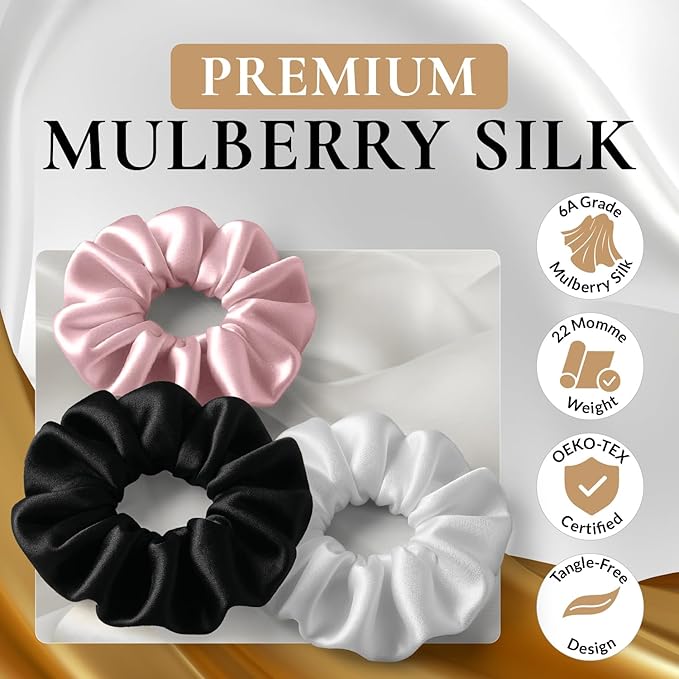100% Pure 22 Momme Mulberry Silk Scrunchies (Set of 3) | Highest grade (6A) Luxury Hair Ties| (Black,White,Pink) | (Black, Standard/Small/Skinny)