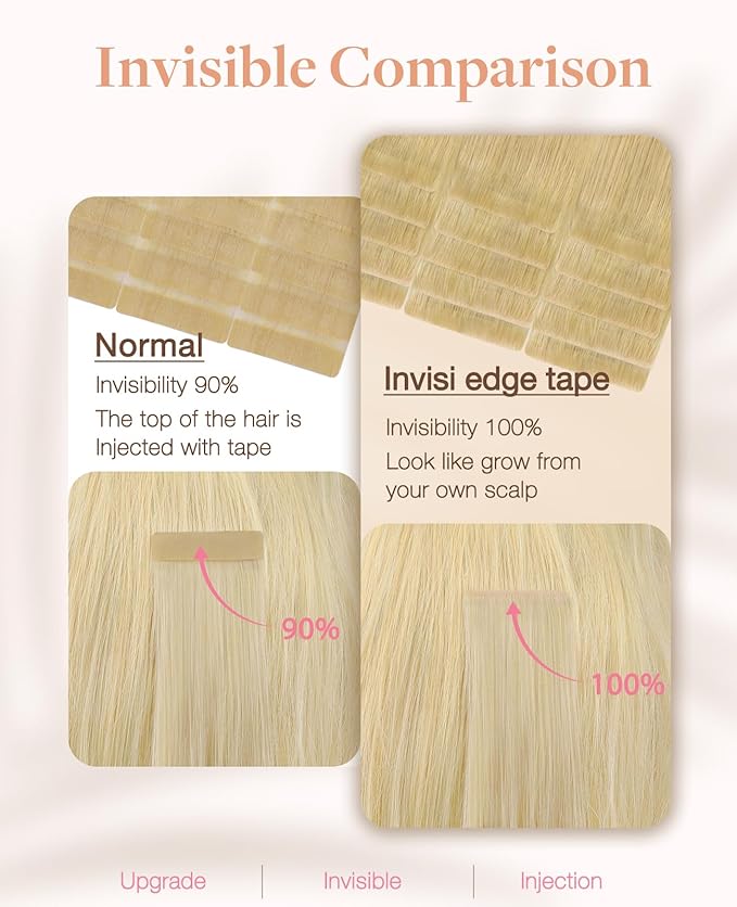 GOO GOO Invisi Edge Tape in Hair Extensions Human Hair, 18AT60A Pearl Ash Blonde Highlights 20pcs 22inch 50g, Virgin Remy Hair, Seamless Injected Tape, Natural Look