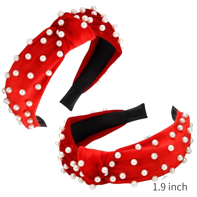 VELSCRUN Pearl Headbands with Beads: White, Pink, Red, Blue Knotted Wide Top Knot Hair Accessories for Women and Girls