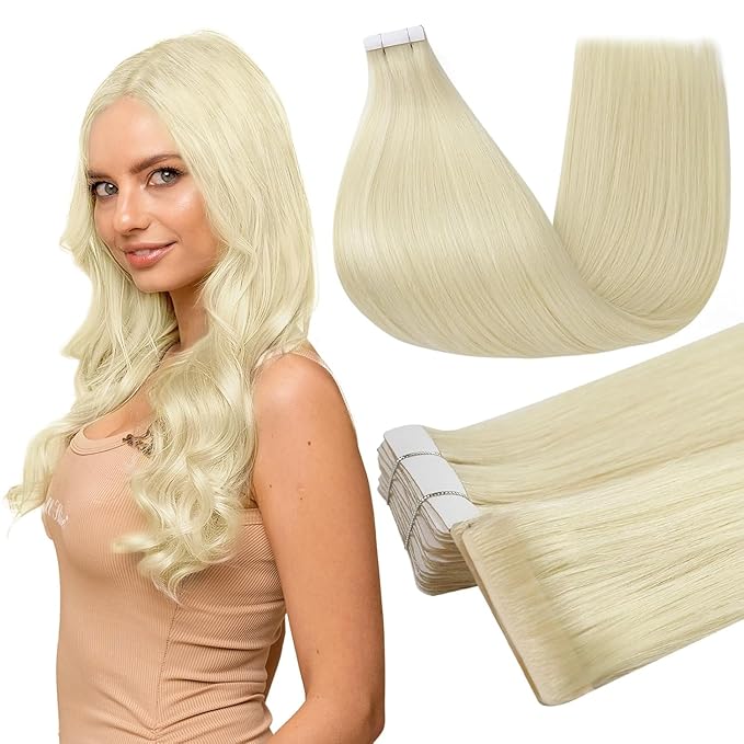 Full Shine Tape in Hair Extensions Color 60 Blonde Injected Tape in Extensions Invisi Edge 22 Inch Long Straight Injection Human Hair Seamless Remy Skin Weft for Party 50 Grams 20Pcs