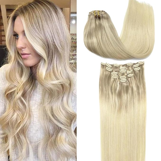 GOO GOO Clip in Hair Extensions Real Human Hair, Remy Human Hair Extensions Clip ins for Women, Natural Human Hair, 26 Inch 180g 7Pcs, 17/22/60 Balayage Ash Blonde to Golden Blonde and Platinum Blonde