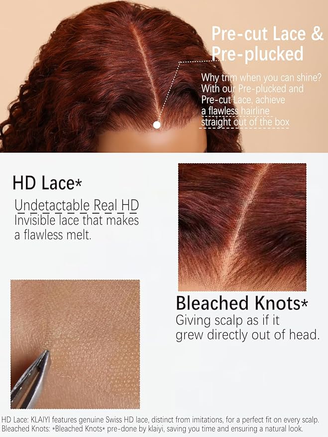 KLAIYI Bye Bye Knots Glueless Wig Reddish Brown Body Wave 7x5 Pre Cut HD Lace Front Wigs Human Hair Put On And Go Wig Pre Bleached Pre Plucked with Baby Hair 30S Ready To Wear 150% Density Full 16Inch