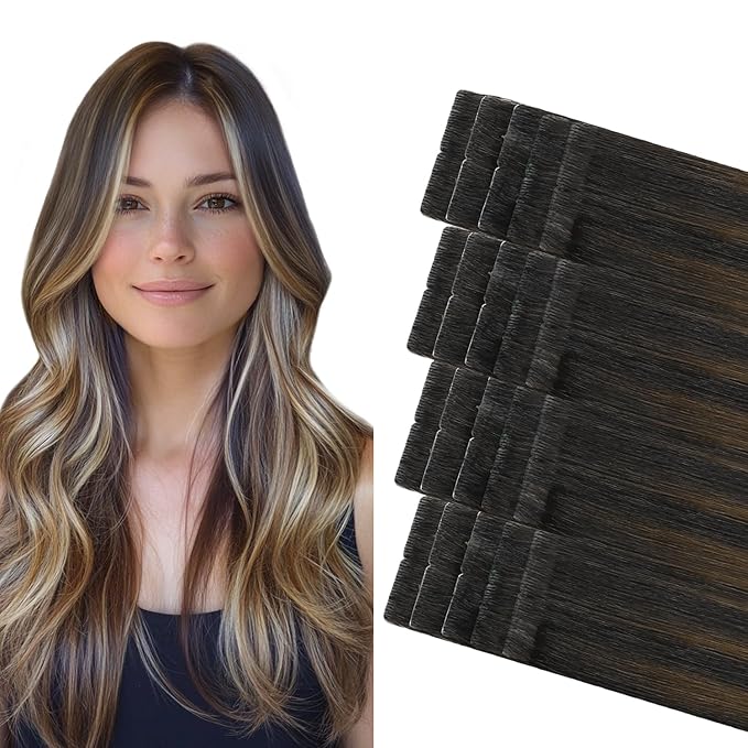 COOKAYU Invisi Edge Tape in Hair Extensions Real Human Hair Seamless Injected Tape Ins 14Inch 20pcs 30g Natural Black to Medium Brown and Caramel blonde Extensions
