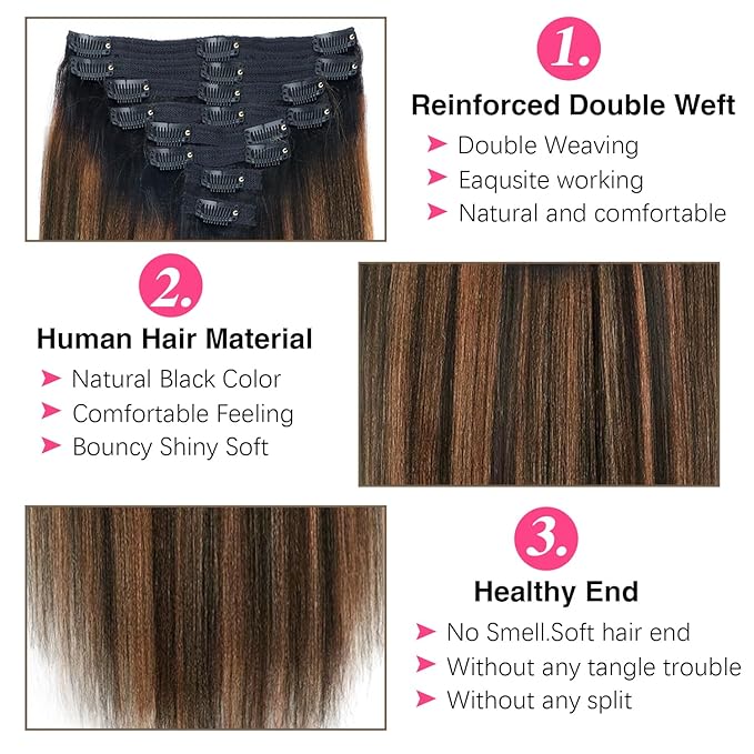 Yaki Straight Clip ins Real Human Hair Extensions For Women Highlight Hair Extensions Yaki Straight Clip in Hair Extensions(20inch,T1BP1B/30)