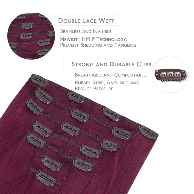 WENNALIFE Clip in Hair Extensions Real Human Hair, 18 Inch 120g 7pcs Remy Hair, Light Burgundy Straight Natural Coloured Extensiones De Cabello Humano Con Clip Ins