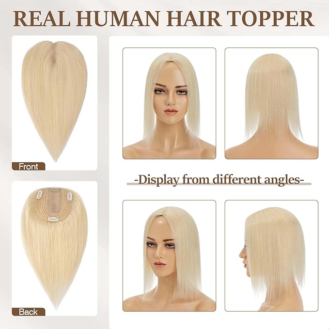 Rich Choices Hair Toppers for Women Real Human Hair 100% Human Remy Toppers NO Bangs for Women with Thinning on Top Clip in Hairpiece 4"x4.7"Lace Base 12 Inch #613 Bleach Blonde
