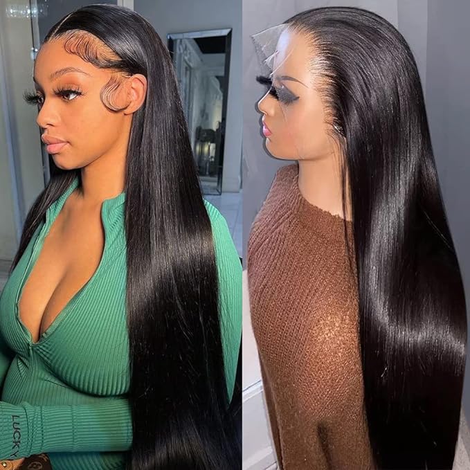 Iris Queen 28 Inch Straight HD Lace Front Wigs Human Hair Pre Plucked 12A 180 Density 13x4 Transparent Lace Frontal Wig with Baby Hair Natural Black for Women