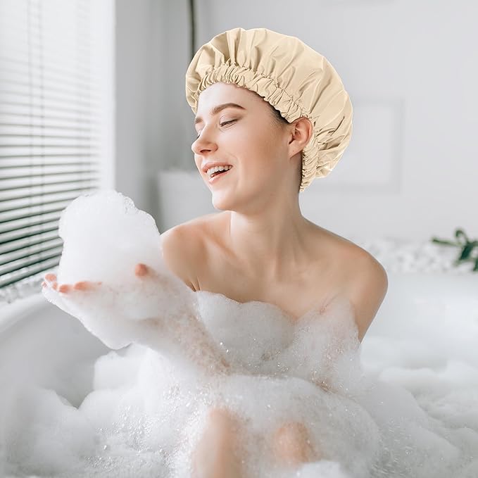 Reusable Shower Cap for Women, Stylish Large Waterproof Shower Bonnet Washable Wide Elastic Band Hair Cap for Long Hair, Braids Bath Hat(Champagne)