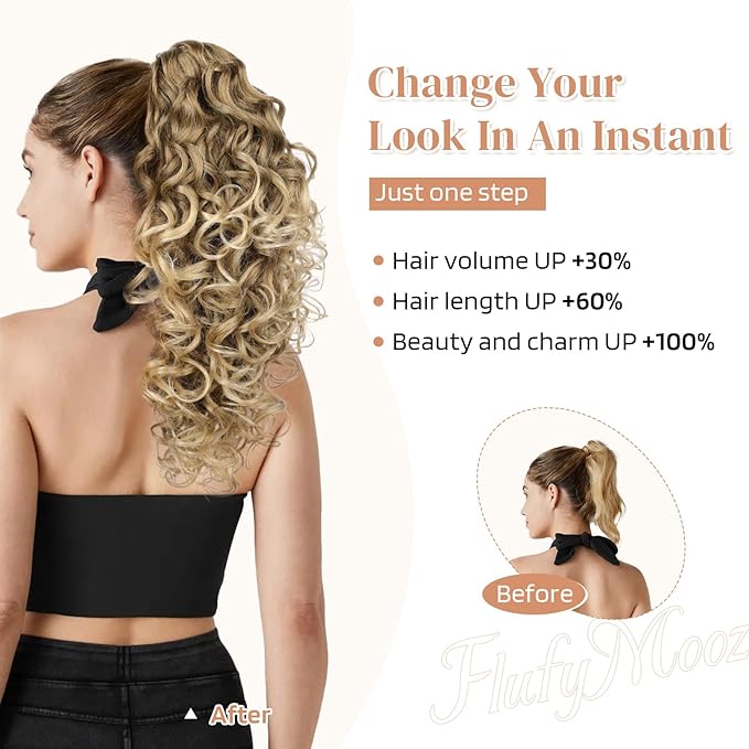 Flufymooz 100％ Pure Protein Ponytail Extension, 18 Inch Curly Claw Clip Ponytail Hair Extensions Natural Soft pony tail hairpiece for women-Wine Red