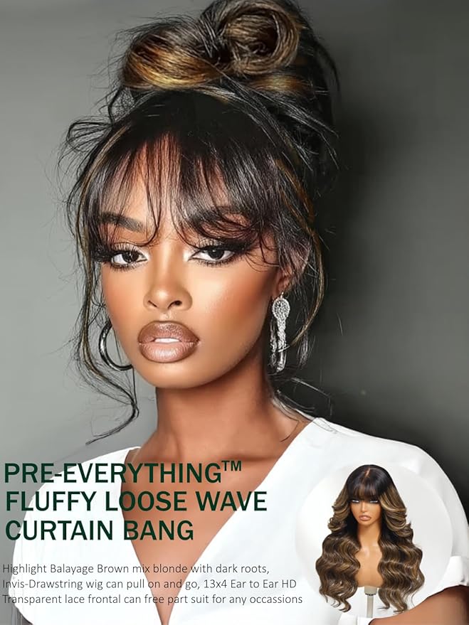 KLAIYI Ombre Brown Loose Body Wave Pre Everything Glueless 13x4 HD Lace Front Human Hair Wig with Natural Bang Highlight Balayage Brown Precut Lace Pre Plucked Bye Bye Knots Drawstring Wig 180% 22Inch