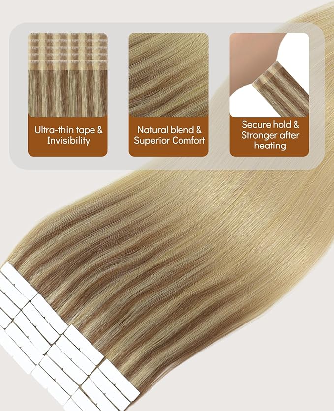 VINBAO 60g Injected Tape in Hair Extensions Human Hair Balayage Ash Brown to Caramel Blonde 20pcs Seamless Invisi Edge Hair Extensions Tape in Natural Look 22inch #10/16/16