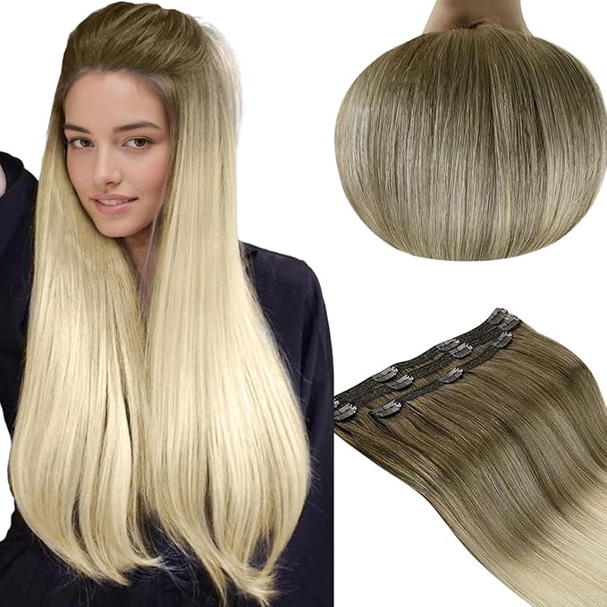 RUNATURE Balayage Clip in Hair Extensions Ombre Brown to Blonde 16 Inch 50g 3pcs Real Hair Extensions Clip in Human Hair for Thin Hair Double Weft Remy Natural Hair