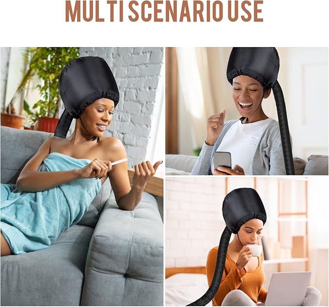 Bonnet Hood Hair Dryer Attachment - Hair Dryer Bonnet with Elastic Strap, Used for Hair Styling, Deep Conditioning and Hair Drying (Black)