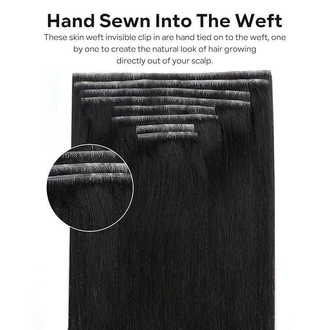 Injected Clip in Hair Extensions Real Human Hair Invisible Hand-Tied Weft Hair Extensions Clip in Human Hair Straight Seamless Clip ins for Women 8Pcs 120g 14inch #1B Natural Black