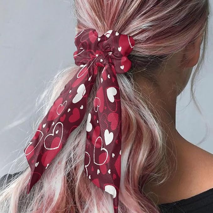 Pack of 2 Love Heart Pink Scrunchies Hair Ties for Women Red Satin Scarf Scunchies Valentine's Day Theme Bow Hair Ties with Long Tails for Yoga Sport