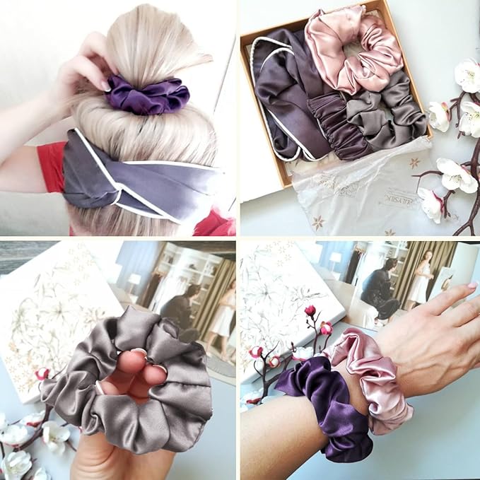 LILYSILK Silk Hair Scrunchies/Ties for Frizz & Breakage Prevention, 100% Mulberry, No Damage, Elastic ponytail Holders, 1Pc, Deep Grey