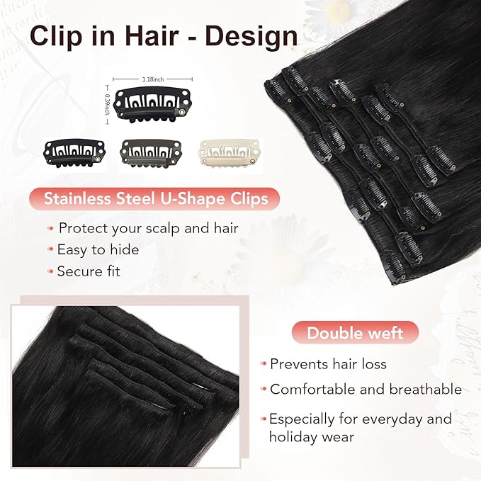 XDhair Clip in Hair Extensions Human Hair 120g 18Inch Black Clip Remy in Hair Extensions 6Pcs Straight Real Hair for Women (#1,18Inch)
