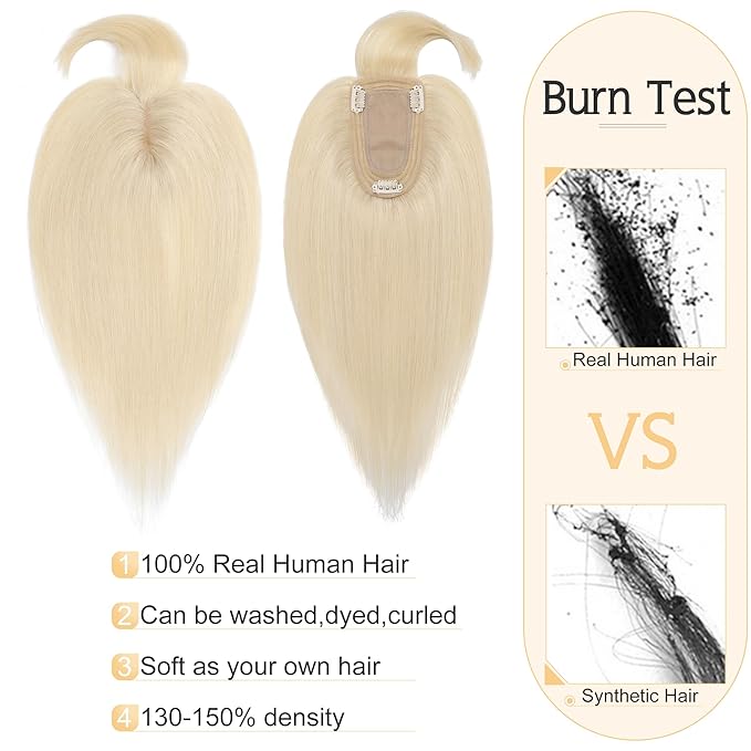 SEGO Hair Toppers for Women Real Human Hair With Bangs, 7 * 13CM Silk Base 100% Remy Human Hair Clip in Top Wiglet Hairpieces Add Volume -16 Inch Platinum Blonde