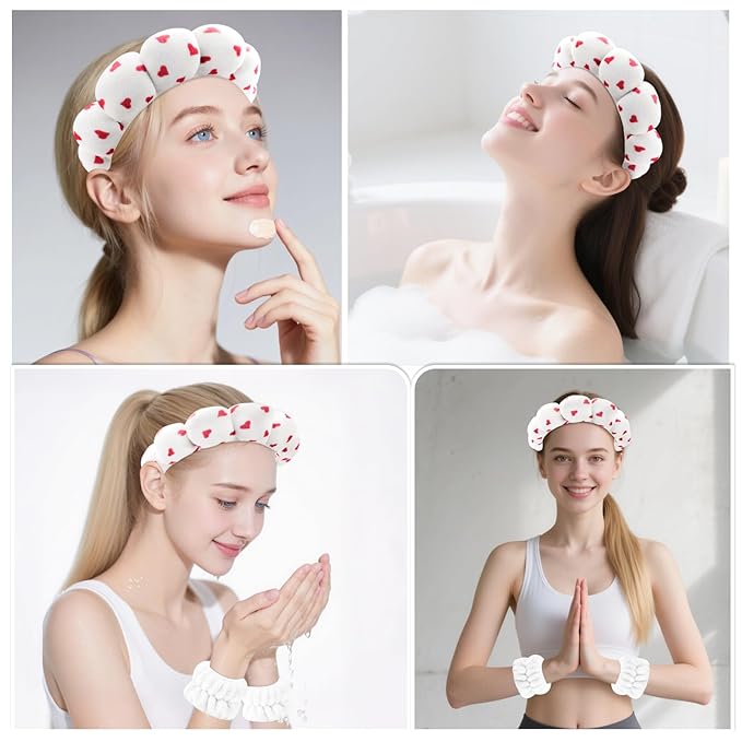 Zkptops Spa Headband for Washing Face Wristband Set Sponge Makeup Skincare Velvet Fabric Bubble Soft Get Ready Hairbands for Women Puffy Headwear Non Slip Thick Thin Hair Accessory (Red Heart)