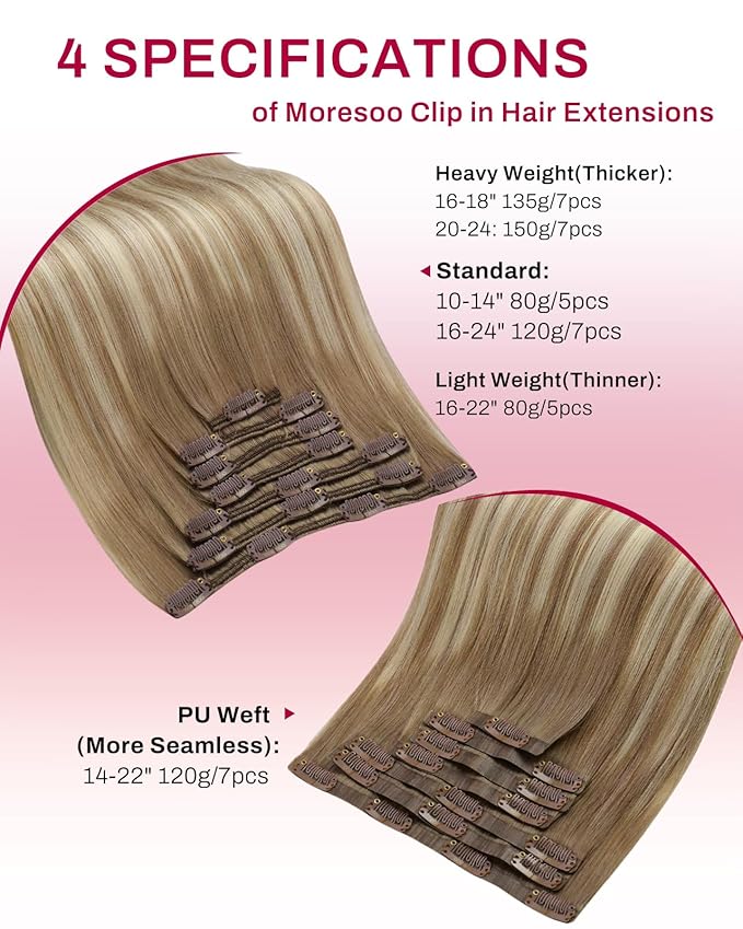 Moresoo Seamless Human Hair Clip in Extensions Ombre Seamless Clip in Human Hair Extensions Balayage Light Brown Mixed Golden Blonde 7pcs/120g 14inch