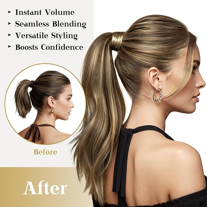 Ve Sunny Hair Extensions Ponytail Real Human Hair 80G Wrap Around Clip in Ponytail Hair Extensions Straight Extensions Human Hair for Women Medium Brown Highlighted Caramel Blonde 14inch