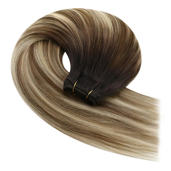 YoungSee 100g Weft Hair Extensions Human Hair Balayage Brown Human Hair Sew in Extensions Darkest Roots to Medium Brown with Blonde Hand Tied Weft Hair Extensions Straight Hair 14inch