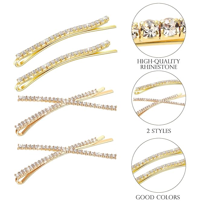 12 Pieces Rhinestone Bobby Pins Decorative Fancy Crystal Hair Clips Shiny Metal X Shaped Barrettes Bling Diamond Wedding Bridal Shower Hair Accessories for Women Ladies Girls (Gold)