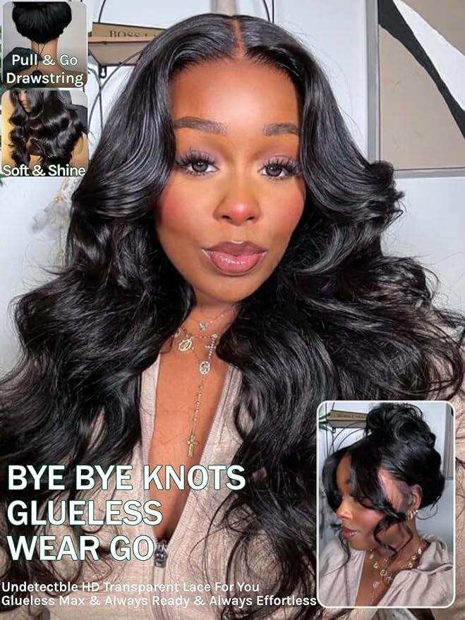 KLAIYI Loose Body Wave Pre Everything Glueless 13x4Lace Front Wig Human Hair Drawstring Precut Lace Pre Plucked Bleached Bye Bye Knots 3S Ready to Wear and Go Wig with Face Framing Curtain Bang 16Inch