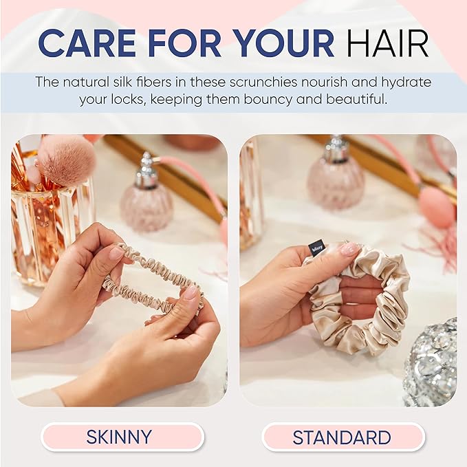 Blissy Silk Scrunchies (3 Pack) - 100% Pure Mulberry Silk - 22 Momme 6A High-Grade Fibers Scrunchie for Straight & Curly Hair - Preventing Breakage, Tangling, & Creasing (Champagne Regular)