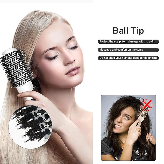 Round Brush with Boar Bristle, Ball Tip Round Hair Brushes for Women Blow Drying, 2 Clips and 1 Comb Included (2.9" & Barrel 1.7")…