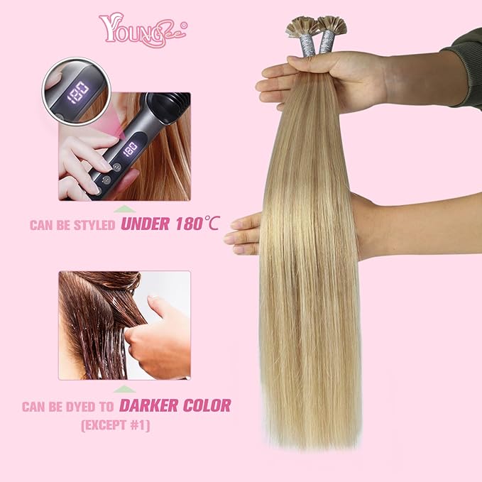 YoungSee K Tip Hair Extensions Human Hair Blonde Highlight Ktip Human Hair Extensions Golden Blonde Highlight Long Hair 22in 50s/50g