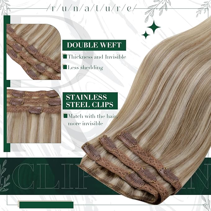 RUNATURE Clip in Extensions Real Human Hair Highlight Hair Extensions Clip Ins, Double Weft Straight Remy Hair, Can Be Styled 14 Inch 50g 3pcs #8P60 Light Brown Highlight Platinum Blonde