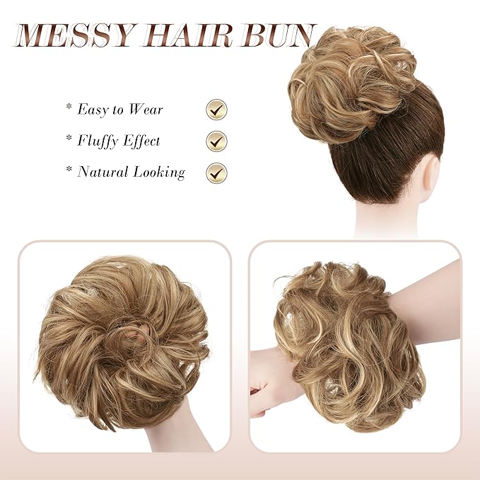 FESHFEN Messy Bun Hair Piece - Elastic Wavy Curly Hair Bun Scrunchies Extensions Synthetic Chignon Hairpieces for Women, Light Brown & Mixed Blonde 1.5 oz