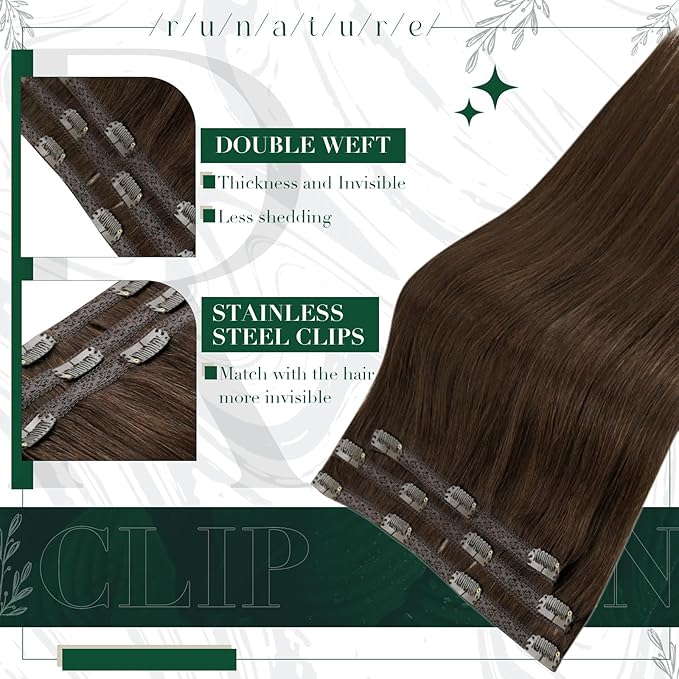 RUNATURE Real Hair Extension Clip in Human Hair, Clip in Hair Extensions Real Human Hair Short, Brown Hair Extensions Clip ins, Natural Looking, 12 Inch 50g 3pcs #4 Medium Brown