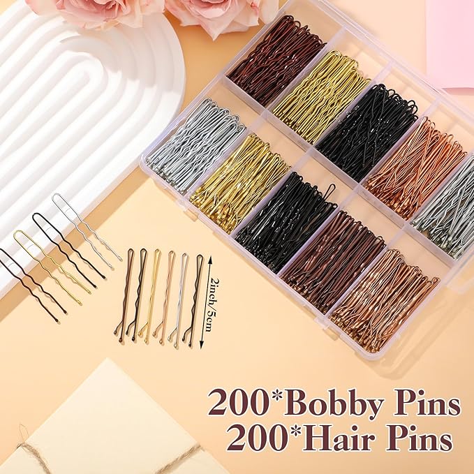 400 Pcs Bobby Pins Set, 2 Inch Hair Pins for Women Girls and U-Shaped Pins for Buns, 5 Colors Brown Blonde Black Styling Pins With Storage Box