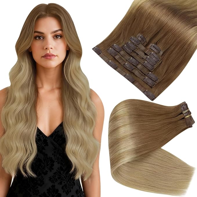 Full Shine Seamless Clip in Hair Extensions Human Hair Ombre Light Brown to Blonde Invisible Hair Extensions Skin Weft Ease of Use 14 Inch 8 PCS 120 Grams