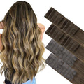 GOO GOO Invisi Edge Tape in Hair Extensions Human Hair, 4/27/4 Balayage Chocolate Brown to Caramel Blonde 20pcs injected with 20pcs classical tape ins, 22inch 100g, Virgin Remy Hair, Natural Look