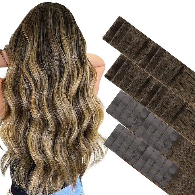 GOO GOO Invisi Edge Tape in Hair Extensions Human Hair, 4/27/4 Balayage Chocolate Brown to Caramel Blonde 20pcs injected with 20pcs classical tape ins, 16inch 100g, Virgin Remy Hair, Natural Look