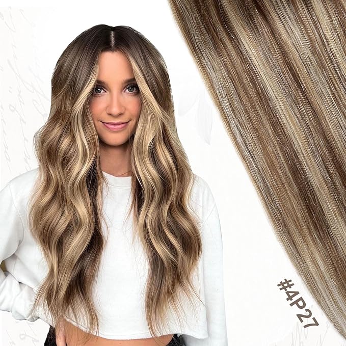 XDhair Clip In Hair Extensions Remy Human Hair 120g 20 Inch Medium Brown #4 Mixed to Caramel Blonde #27 Clip In Real Hair Silk Stright 6Pcs (#4P27,20Inch)