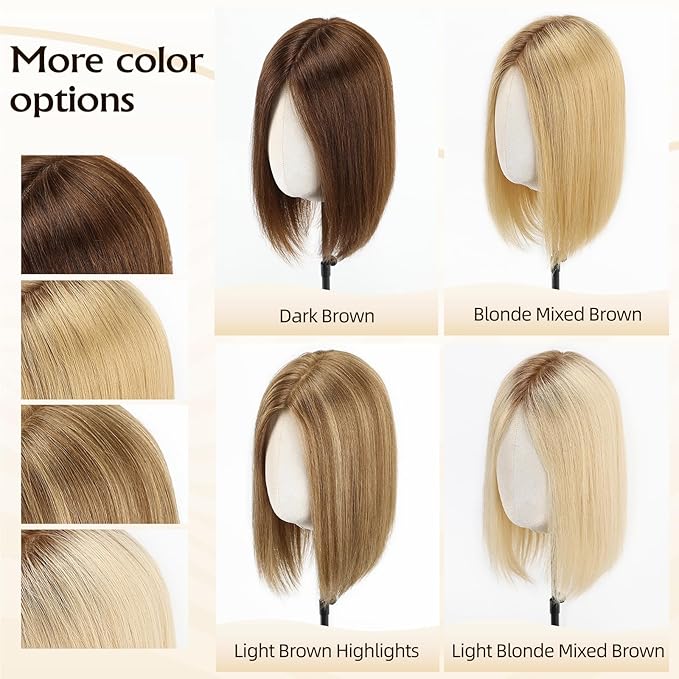Large MONO Top Hair Toppers for Women Remy Human Hair 14 Inch 6"x7" Big Base Partial wig Cover Thinning Hair or Loss No Bangs Natural Wiglets(Light Brown Highlights)