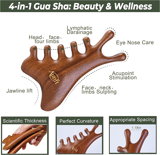 4-in-1 Gua Sha Tool with Mini Travel Small Massage Comb Set, Christmas Gifts for Women, Wooden Face & Body Massager Tool – Lymphatic Drainage, Jawline Sculpting, Head Scalp Massager Hair Growth