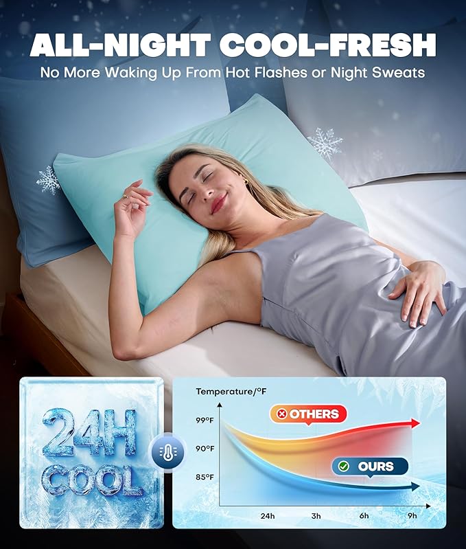 Ultra-Chill Cooling Pillowcase Set of 2 for Hot Sleepers, Softer Than Silk Pillow Cases for Protecting Hair & Skin, Breathable Bed Pillow Covers w/Zipper, Gifts for Women & Men (Mint Blue, Queen)