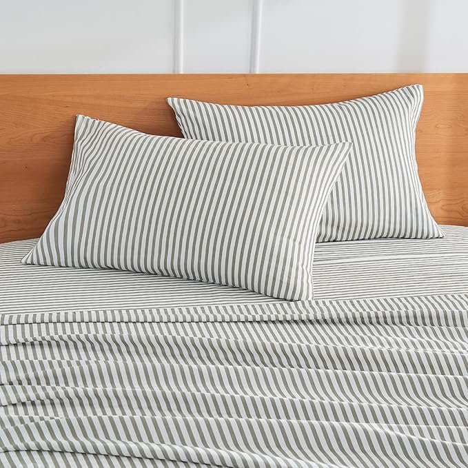 JELLYMONI 100% Natural Cotton Striped Queen Pillowcases Set, 2 Pack White and Grey Vertical Stripes Pattern Printed Pillow Covers with Envelope Closure(Pillows are not Included)