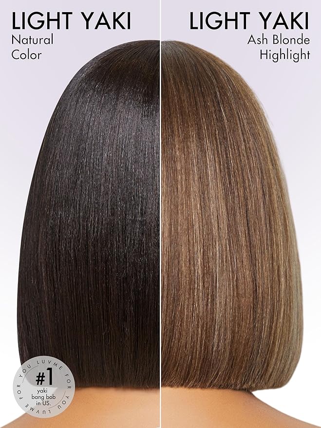 LUVME HAIR 12Inch Ash Blonde Highlights Yaki Blunt Cut Bob Wig with Bangs Glueless Minimalist Lace Short Wig Breathable Cap