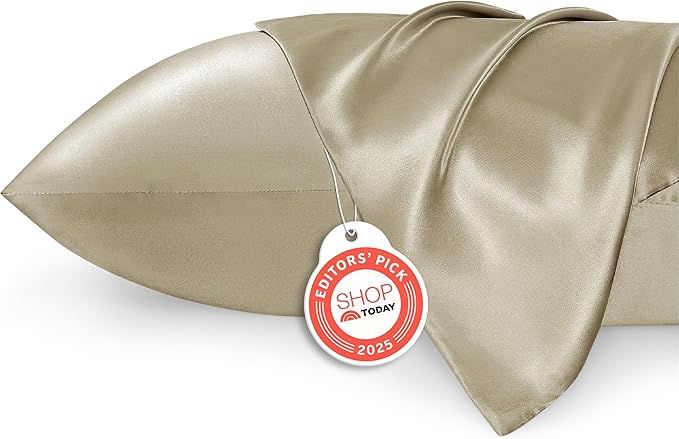 Bedsure Satin Pillowcase 2 Pack Similar to Silk Pillow Cases Standard Size, Pillow Case for Sleeping Women with Envelope Closure, Gifts for Women Men, Khaki, 20x26 Inches, 2pcs