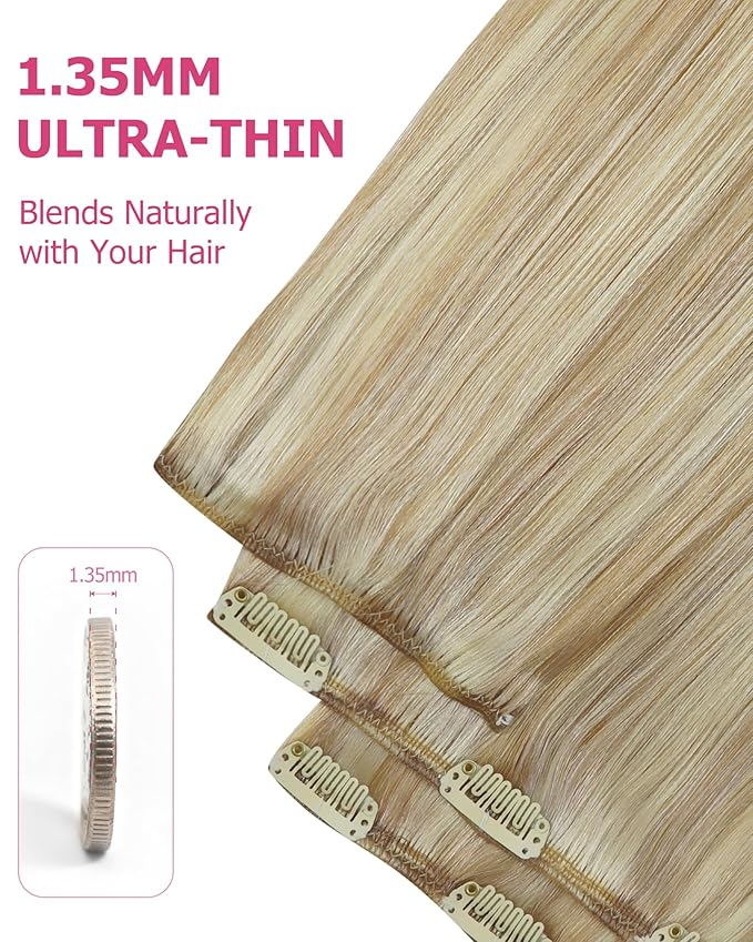 YoungSee 150G Blonde Clip in Hair Extensions Highlight Light Blond with Golden Blonde Clip in Extensions Real Human Hair Dyable Blond Hair Extension Clip ins for Women 24Inch 7Pcs